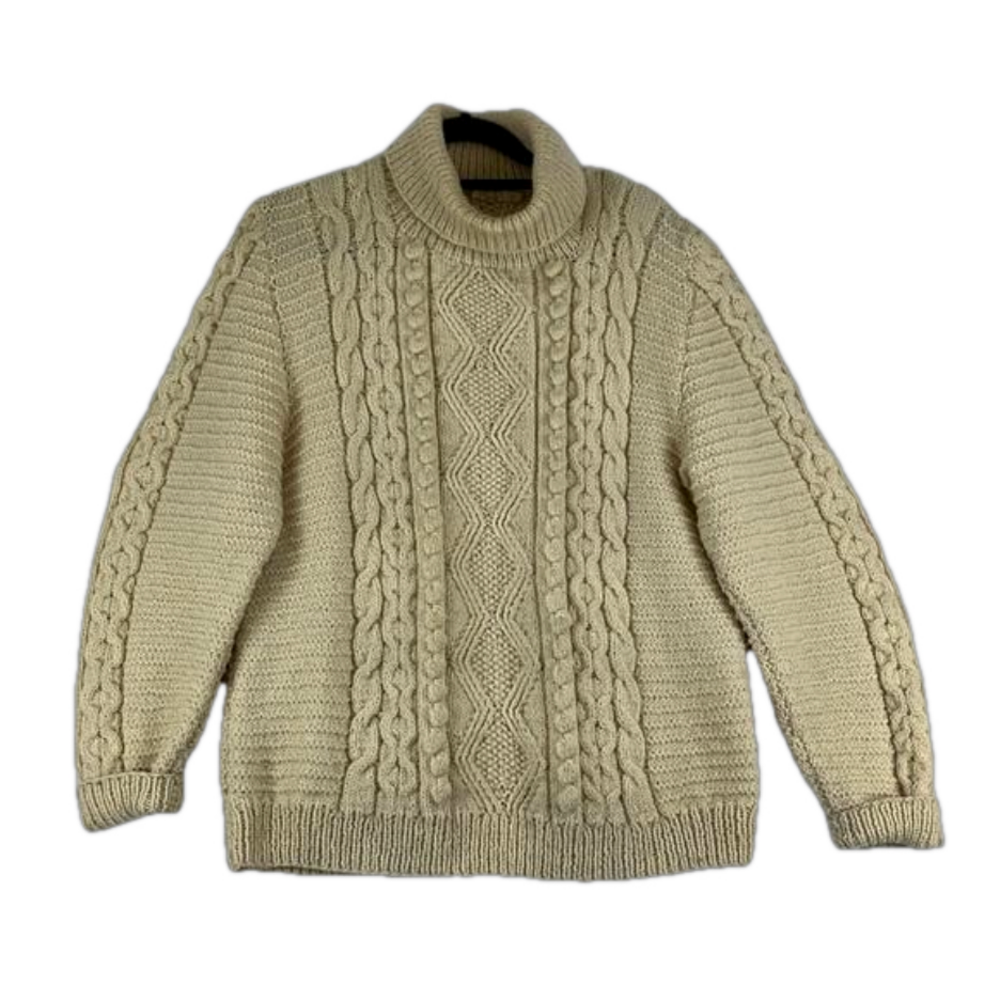Unbranded Cable and Popcorn Knit Wool Fisherman's Turtleneck Sweater